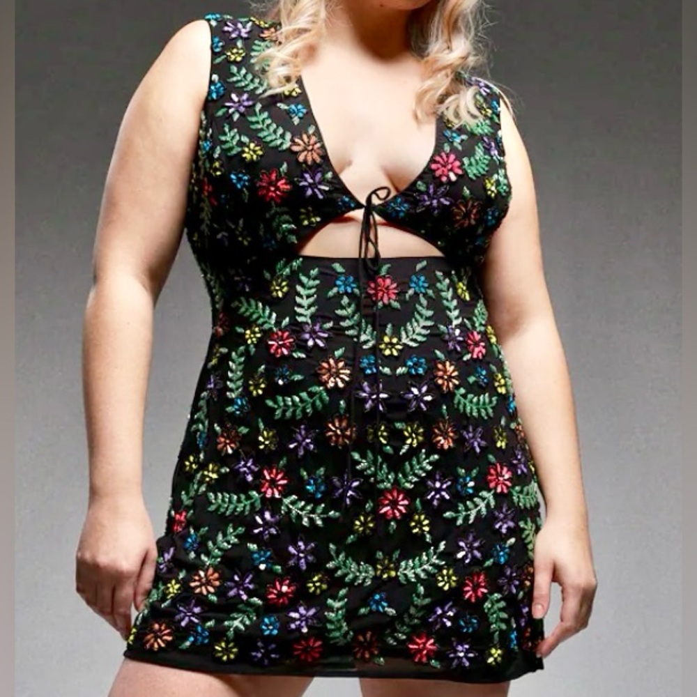 Uniquely Handcrafted Black “Billie” Beaded Floral Cut-Out Mini Dress - Picture 2 of 5